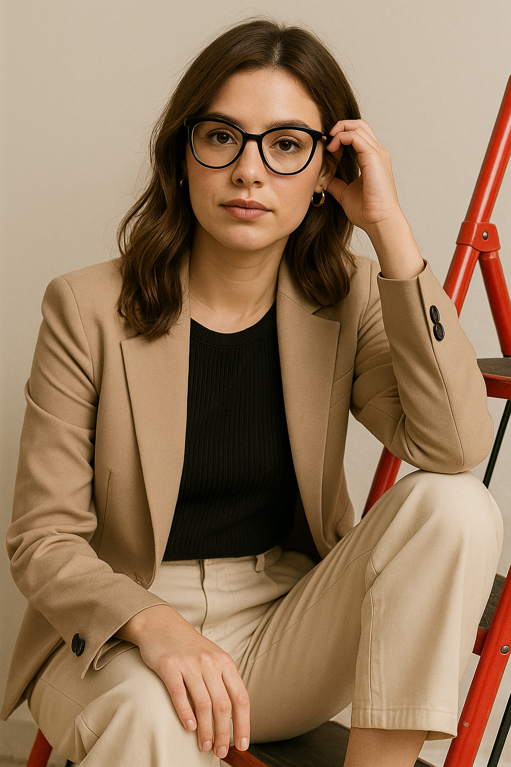 mujer elegante en escalera roja